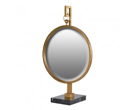 Dizajnové okrúhle art deco zrkadlo Lemmy na kovovom stojane v zlatej farbe a s čiernou mramorovou podstavou 77cm