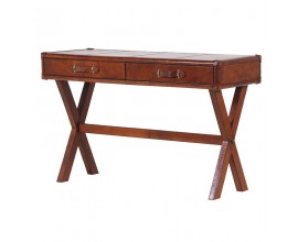 Luxusný koloniálny písací stôl Merida s dvomi zásuvkami potiahnutý pravou kožou v hnedej farbe 121 cm