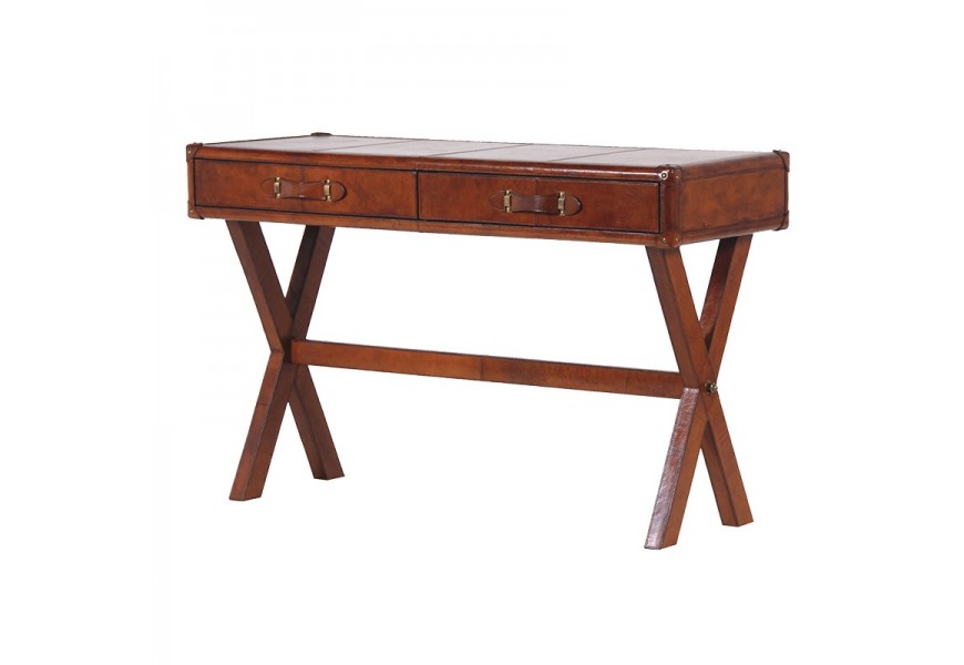 Luxusný koloniálny písací stôl Merida s dvomi zásuvkami potiahnutý pravou kožou v hnedej farbe 121 cm