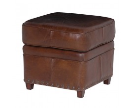 Luxusná vintage koňakovo hnedá štvorcová kožená taburetka Clifford s poťahom z pravej kože so starožitným opotrebovaným efektom na drevených nožičkách
