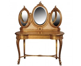 Luxusný zámocký zlatý toaletný stolík Roi Gilt s tromi oválnymi zrkadlami s ratanovým výpletom a vyrezávaným ornamentálnym zdobením s prehnutými kabriolovými nožičkami