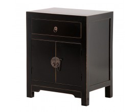 Luxusný vintage čierny nočný stolík Shanxi s dvojdverovou skrinkou a zásuvkou s okrúhlymi kovovými úchytkami so zošúchaným náterom na hranách