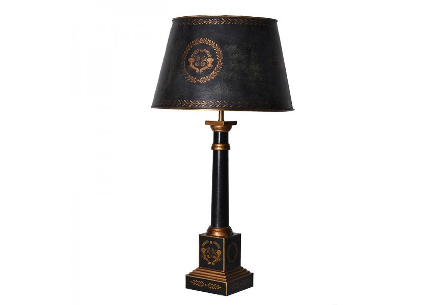 Dizajnová vintage čierna kovová lampa Empire s ornamentálnym zdobením v bronzovej farbe s hranatou podstavou a okrúhlym tienidlom