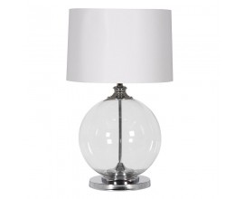 Dizajnová art deco sklenená stolná lampa Ball s guľatou nohou a valcovým ľanovým tienidlom v bielej farbe 71 cm