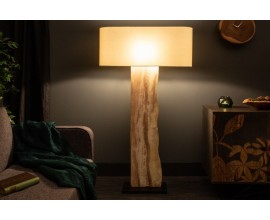 Dizajnový masívna stojaca lampa Alaska s naturálnou hnedou drevenou podstavou a bielym tienidlom 147 cm