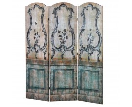 Dizajnový vintage trojkrídlový modro- béžový paraván Ania s dreveným rámom a potlačeným voskovaným plátnom s florálnym ornamentom