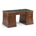 Luxusný mahagonovo hnedý písací stôl v rustikálnom štýle s vyrezávanou výzdobou a zeleným koženým poťahom