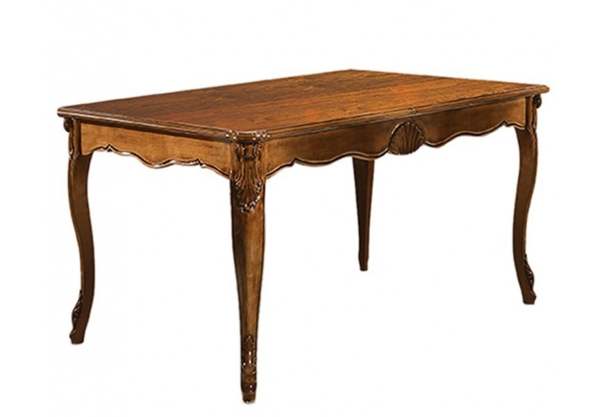 Luxusný obdĺžnikový jedálenský rozkladací stôl v klasickom štýle orechovo-hnedej farby s ozdobným vyrezávaním