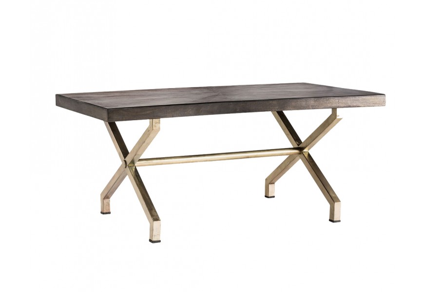 Luxusný jedálenský stôl Tirane v art deco štýle s obdĺžnikovou mangovou doskou a zlatými prekríženými nohami z kovu
