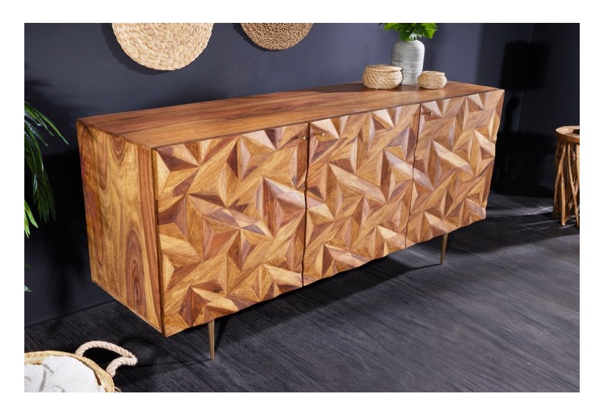 Dizajnový art deco príborník Sovoy z masívneho dreva sheesham v prírodnej hnedej farbe so zlatými kovovými nohami
