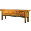 Luxusný orientálny konzolový stolík Kolorida žltej farby s vintage patinou a so siedimimi zásuvkami z masívneho dreva