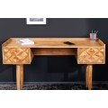 Masívny retro písací stôl Camille s dvomi zásuvkami s ozdobnou intarziou z akáciového dreva medová hnedá 132 cm