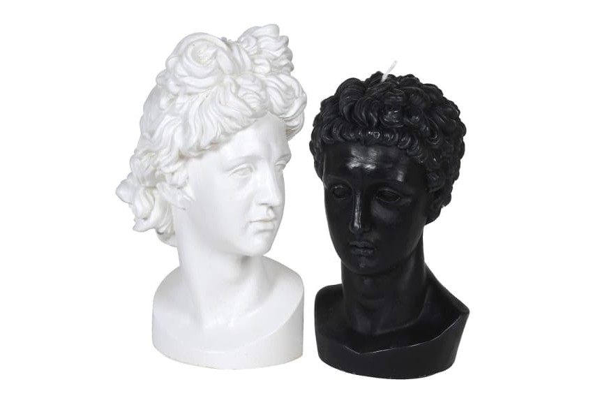 Dizajnový set dekoračných sviečok Merkúr a Venuša v tvare antickej busty v čiernej a bielej farbe 15 cm