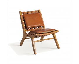 Luxusné kožené kreslo Remus z jaseňového dreva s koženými vankúšmi na chrbtovej a sedacej časti upevnenými popruhmi s prackou v koňakovej hnedej farbe