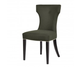 Luxusná moderná čalúnená olivová zelená jedálenská stolička Benicia s textilným poťahom s ozdobným gombíkom na chrbtovej opierke a s čiernymi drevenými nožičkami