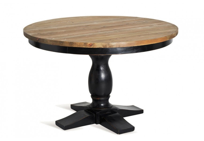 Luxusný vidiecky okrúhly jedálenský stôl Zena Noir s jednou vyrezávanou nohou v čiernej farbe a vrchnou doskou v prírodnej svetlej hnedej farbe brestového dreva