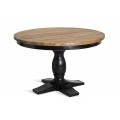 Luxusný vidiecky okrúhly jedálenský stôl Zena Noir s jednou vyrezávanou nohou v čiernej farbe a vrchnou doskou v prírodnej svetlej hnedej farbe brestového dreva