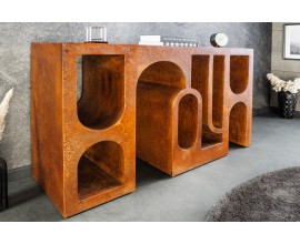 Dizajnový art deco konzolový stolík Gerin s geometrickými výrezmi v medenej farbe 120 cm 