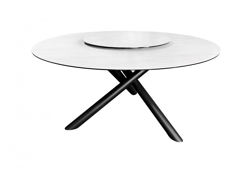 Moderný biely okrúhly jedálenskú stôl Siam s vrchnou doskou z mramoru so stredovým otočným tanierom a čiernymi prekríženými kovovými nožičkami