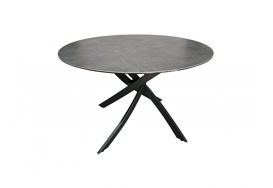 Moderný okrúhly jedálenský stôl Valldemossa pre šesť osôb s antracitovou vrchnou doskou a prekríženými čiernymi kovovými nožičkami