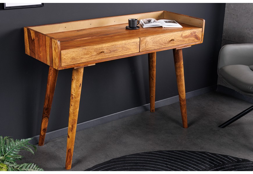 Retro hnedý písací stôl Paolo z masívneho palisandrového dreva s dvomi zásvkami a vyvýšenými okrajmi vrchnej dosky na zošikmených nožičkách