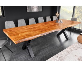 Masívny industriálny obdĺžnikový jedálenský stôl Mammut s akáciovou medovou hnedou doskou a prekríženými nožičkami 300 cm