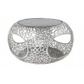 Dizajnový glamour okrúhly strieborný konferenčný stolík Hoja s úložným priestorom a abstraktným dizajnom 40 cm