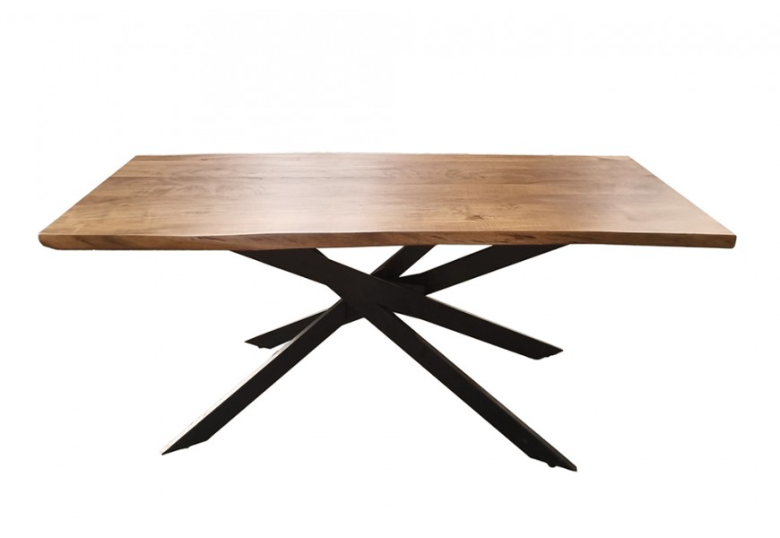 Dizajnový industriálny medovo hnedý obdĺžnikový jedálenský stôl Mammut z vrchnou doskou z masívneho akáciového dreva s prekríženými čiernymi kovovými nožičkami