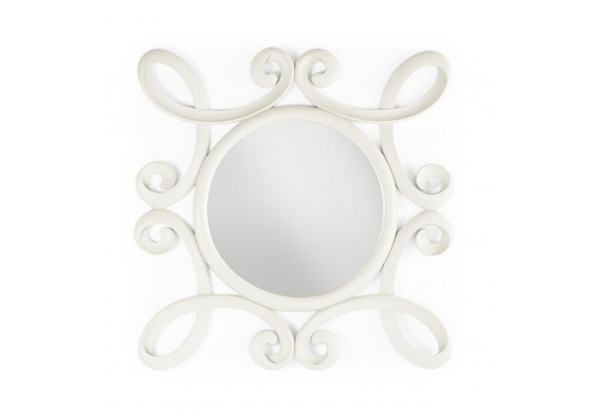 Koloniálne nástenné zrkadlo M-Vintage kruhového tvaru s ornamentálnym rámom z masívu bielej farby