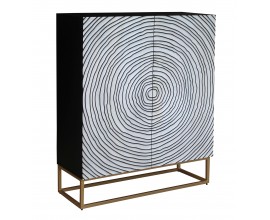 Dizajnová art deco barová skrinka Tocón s čierno bielym reliéfnym zdobením dvierok a zlatou metalickou podstavou 120 cm