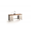 Štýlový písací stôl so šiestimi zásuvkami s kovovými úchytkami z masívneho dreva v bielej farbe v obdĺžnikovom tvare