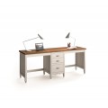 Luxusný dvojitý písací stôl z masívneho dreva v bielej a hnedej farbe v obdĺžnikovom tvare s tromi zásuvkami a s kovovými úchytkami v striebornej farbe