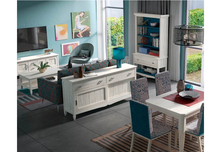 Moderná masívna jedálenská a obývacia zostava nábytku Amberes v bielej farbe s prírodnou štruktúrou dreva a modrými čalúnenými stoličkami