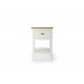 Luxusný dizajnový nočný stolík z masívneho dreva v bielej farbe a s hornou doskou v hnedej farbe v obdĺžnikovom tvare s jednou zásuvkou a poličkou