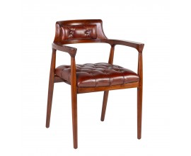 Luxusná hnedá jedálenská stolička Hughes s čalúnením z pravej kože s chesterfield prešívaním 80 cm