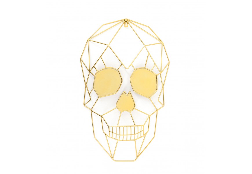 Moderná art deco závesná nástenná dekorácia Morty z kovu v zlatej farbe s geometrickým dizajnom lebky