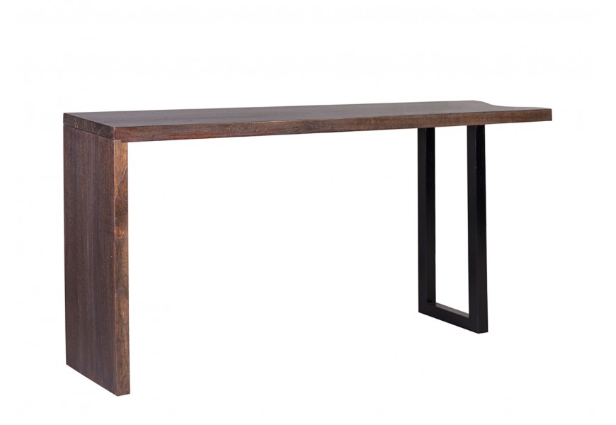 Dizajnový konzolový stolík Lense  z masívneho dreva v hnedej farbe s kovovou nohou v tvare U v matnej čiernej farbe