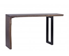 Dizajnový industriálny obdĺžnikový konzolový stolík Lense z hnedého masívneho dreva a čiernou kovovou nohou 150 cm 