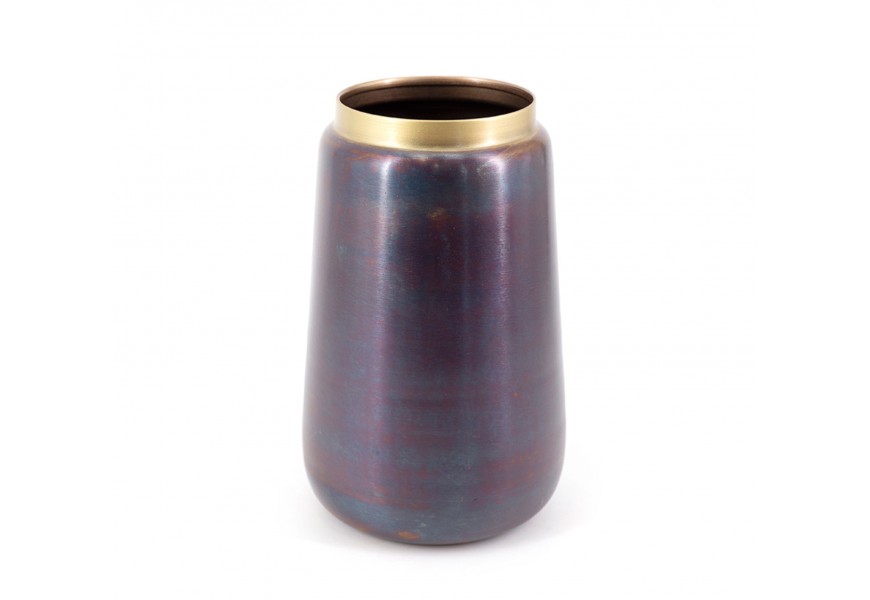 Štýlová antická hliníková váza v tmavej antracitovej farbe s fialovým leskom a so zlatým detailom v art deco nádychu