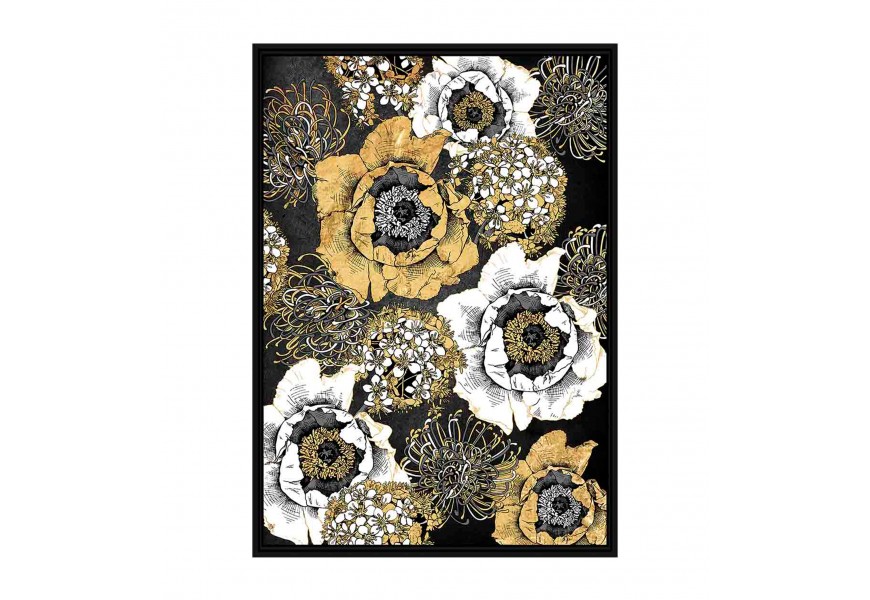 Dizajnový moderný dekoratívny obraz zlatých a bielych kvetov Arles na čiernom pozadí s čiernym dreveným rámom