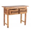Dizajnový orientálny konzolový stolík Klien z masívneho hnedého dreva v obdĺžnikovom tvare s vyrezávanými zásuvkami s etno nádychom