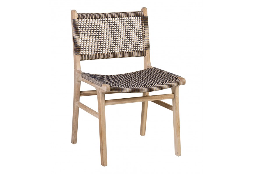 Dizajnová záhradná hnedo-modrá stolička Trapani s rámom z teakového dreva a výpletom so štvorcovým vzorom z povrazu