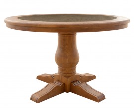 Masívny koloniálny okrúhly jedálenský stôl Davao z dubového dreva s ozdobným ratanovým výpletom v tmavej hnedej farbe 120 cm
