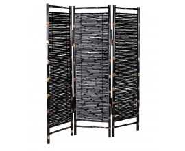 Dizajnový čierny etno paraván Bambam s tromi panelmi z bambusu 150 cm
