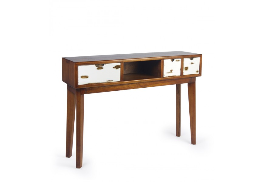 Severský masívny hnedý vintage konzolový stolík Vellesa s tromi zásuvkami s bielym zámerne zošúchaným náterom a jednou policou so šikmými nožičkami z mindi dreva