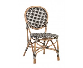 Dizajnová ratanová záhradná stolička Bistro s hnedým rámom a štýlovým čierno-bielym výpletom 92 cm
