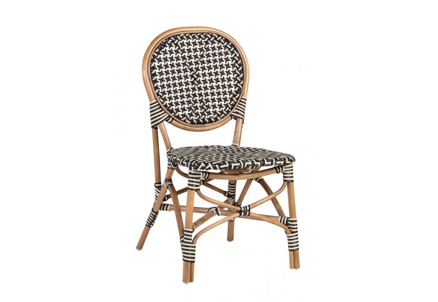 Štýlová ratanová čierno-biela záhradná stolička Bistro s hnedým rámom a okrúhlou chrbtovou opierkou