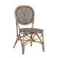 Štýlová ratanová čierno-biela záhradná stolička Bistro s hnedým rámom a okrúhlou chrbtovou opierkou
