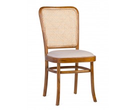 Luxusná masívna hnedá jedálenská stolička Teka s bielou čalúnenou sedacou časťou a ratanovým výpletom s viedenským vzorom 86 cm