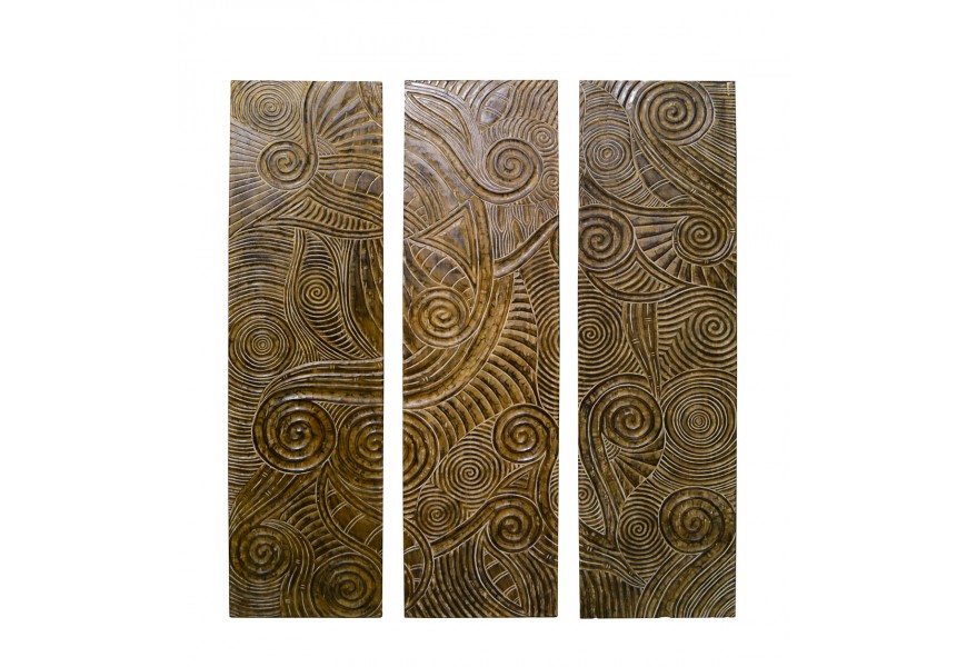 Masívna orientálna tmavá hnedá nástenná dekorácia Kiribila z troch závesných panelov z teakového dreva s vyrezávaným zdobením so vzorom špirál